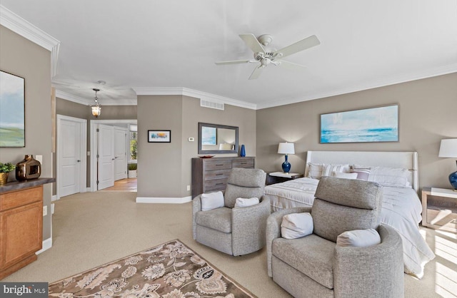 bedroom with visible vents, ornamental molding, a ceiling fan, baseboards, and light colored carpet