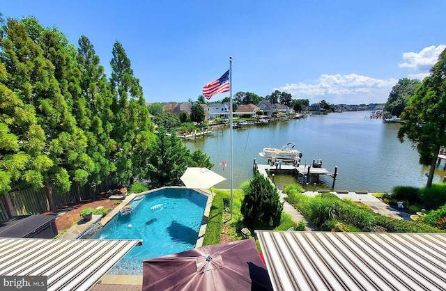 view of swimming pool with fence, a fenced in pool, a boat dock, a water view, and boat lift