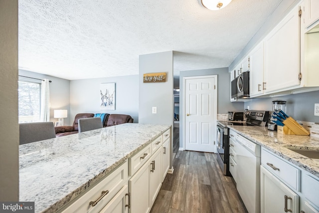 kitchen featuring open floor plan, appliances with stainless steel finishes, dark wood finished floors, and white cabinetry