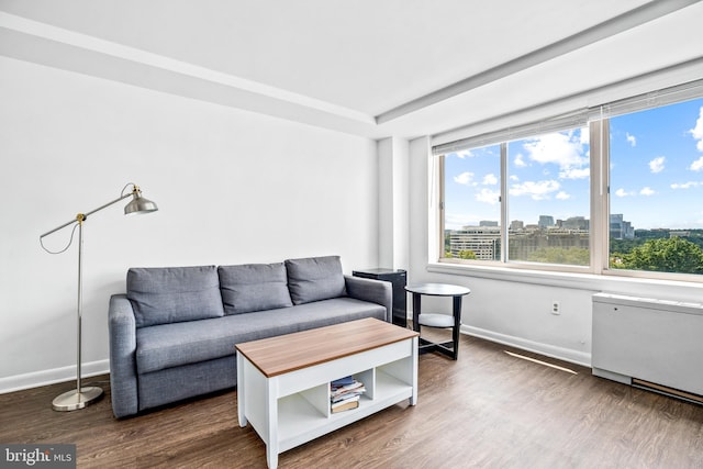 living room with a view of city, baseboards, and dark wood-style flooring