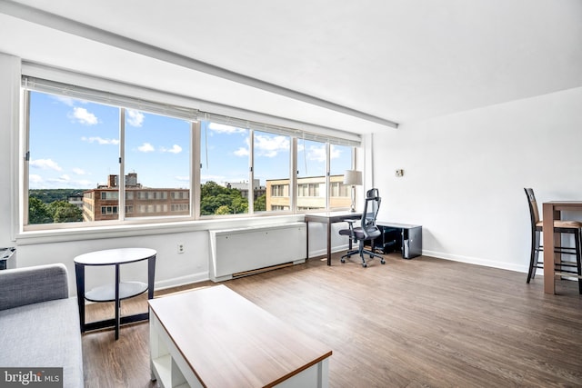 office area with plenty of natural light, wood finished floors, and baseboards