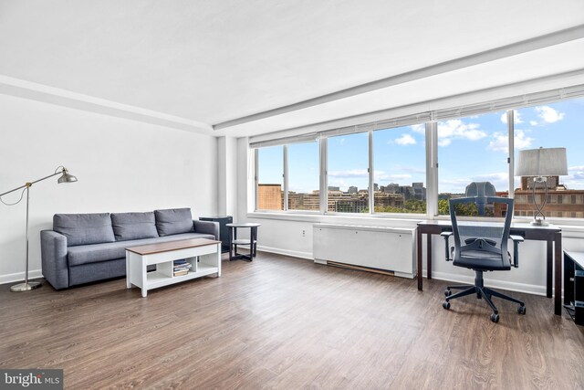 living area with baseboards, a view of city, and wood finished floors