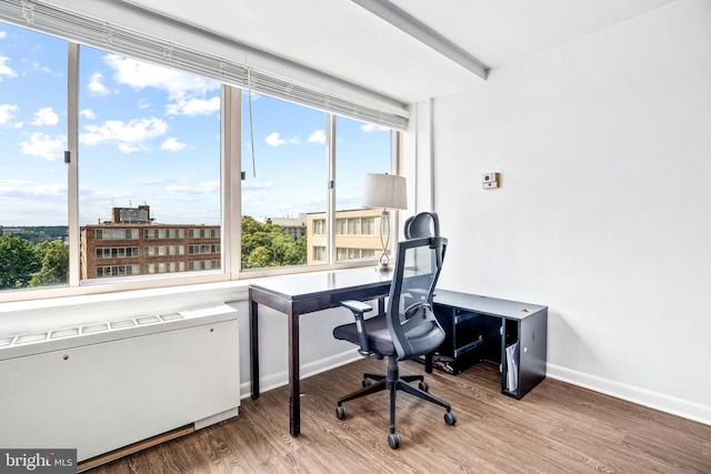 home office featuring radiator heating unit, baseboards, and wood finished floors