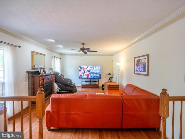 living area featuring ornamental molding, a fireplace, and wood finished floors