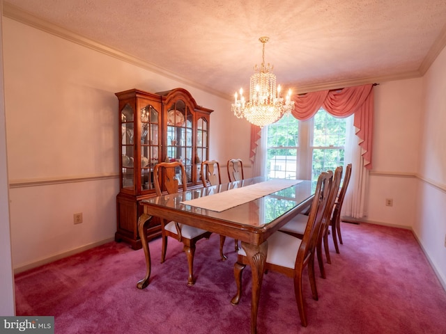 carpeted dining space with an inviting chandelier, baseboards, and ornamental molding