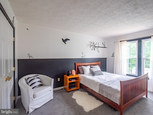 bedroom with a textured ceiling, baseboards, and carpet flooring