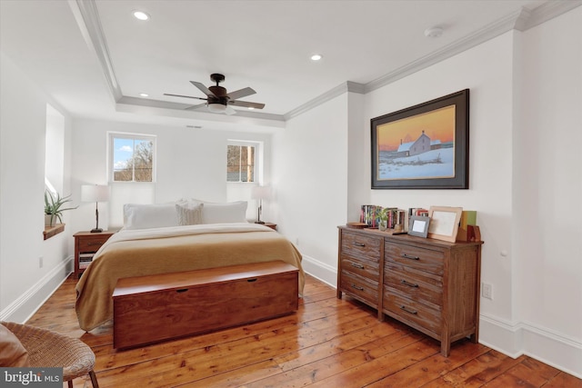 bedroom featuring ornamental molding, recessed lighting, baseboards, and light wood finished floors