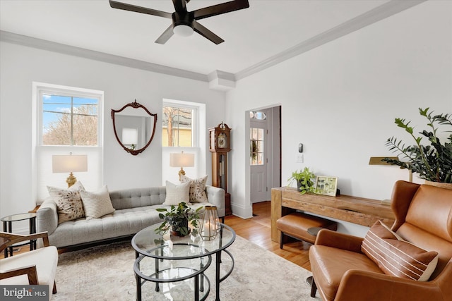 living room featuring a ceiling fan, light wood-style flooring, and crown molding