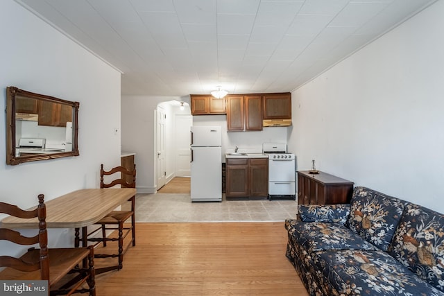 interior space featuring light wood-type flooring, white appliances, a sink, and under cabinet range hood