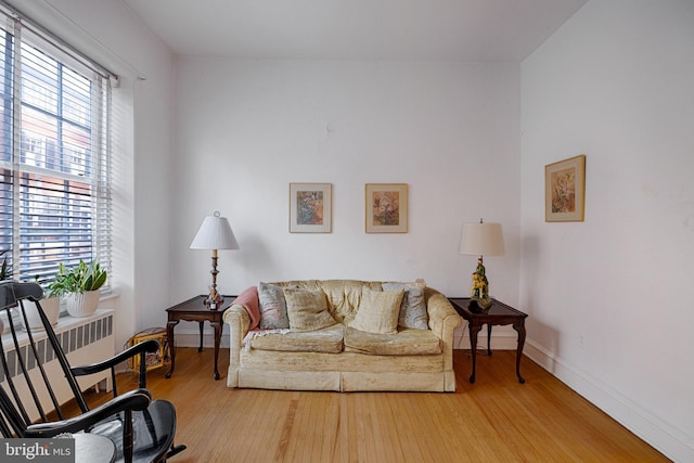 living area with radiator, baseboards, and wood finished floors