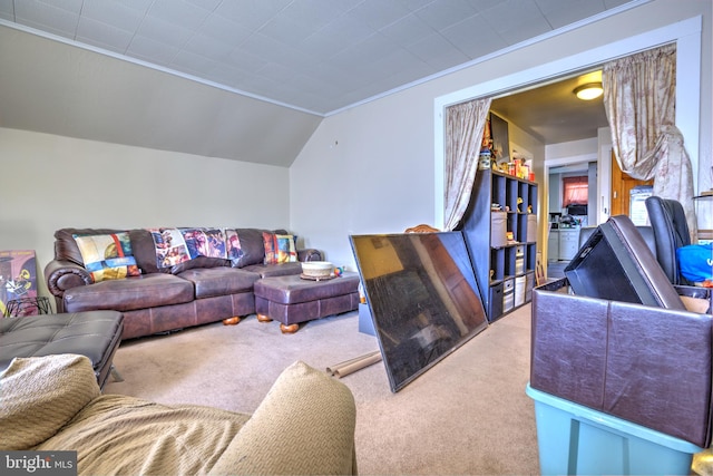 living room featuring vaulted ceiling and carpet floors