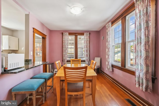 dining room with a wealth of natural light, visible vents, baseboards, and wood finished floors