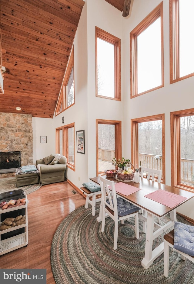 dining room featuring visible vents, high vaulted ceiling, wood finished floors, wooden ceiling, and a fireplace