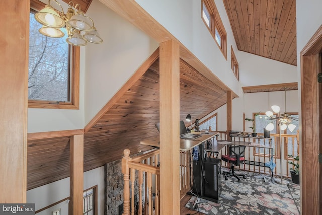 interior space featuring wooden ceiling, a notable chandelier, and high vaulted ceiling