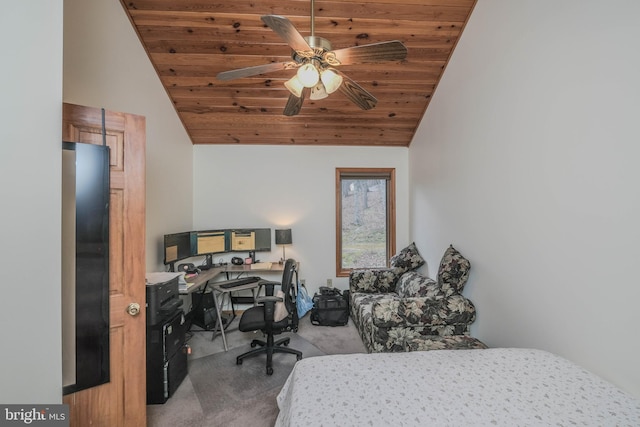 carpeted bedroom featuring wooden ceiling and vaulted ceiling