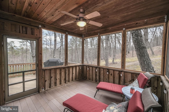 sunroom / solarium featuring wood ceiling and ceiling fan