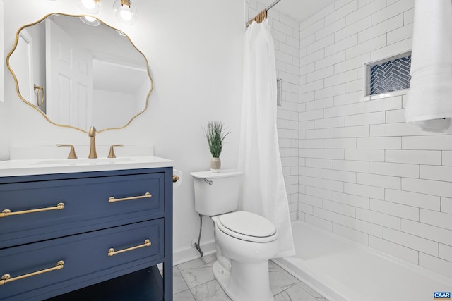 full bath featuring toilet, vanity, baseboards, marble finish floor, and tiled shower