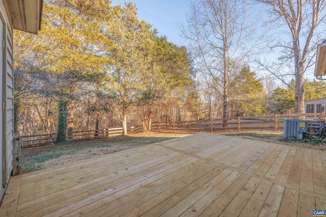 wooden terrace featuring a fenced backyard and central AC unit