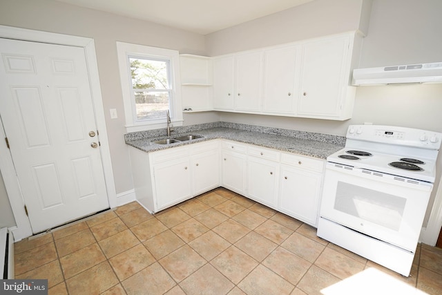 kitchen with under cabinet range hood, white electric range, a sink, white cabinetry, and open shelves