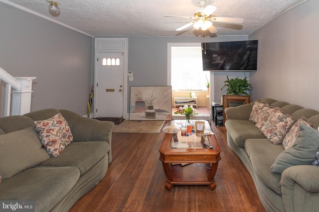 living room featuring a textured ceiling, wood finished floors, and a ceiling fan