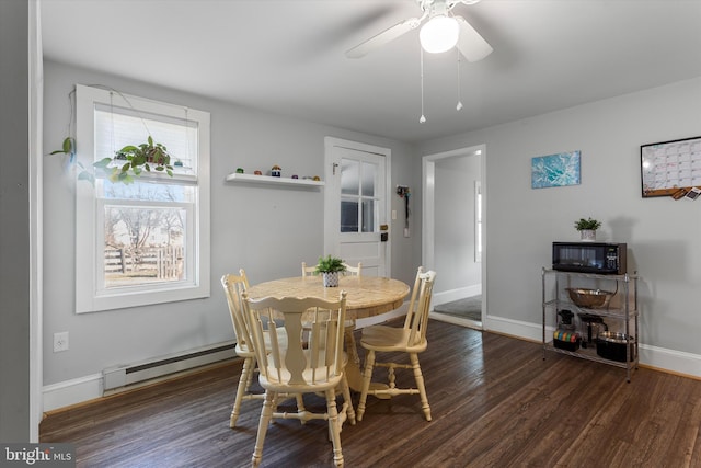 dining area with ceiling fan, baseboards, baseboard heating, and wood finished floors