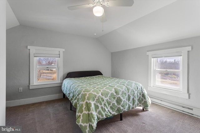 bedroom with ceiling fan, baseboards, vaulted ceiling, baseboard heating, and carpet