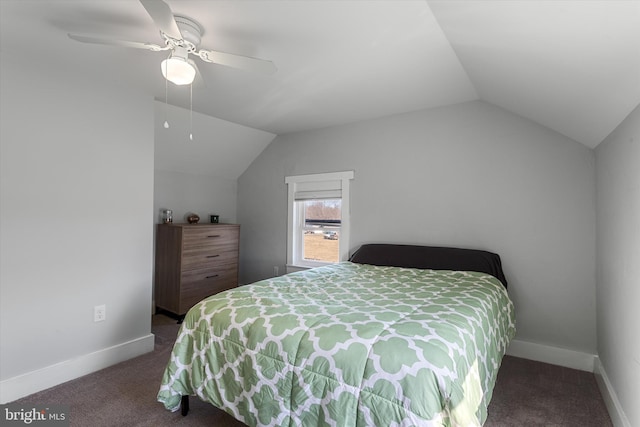 bedroom featuring vaulted ceiling, carpet floors, ceiling fan, and baseboards