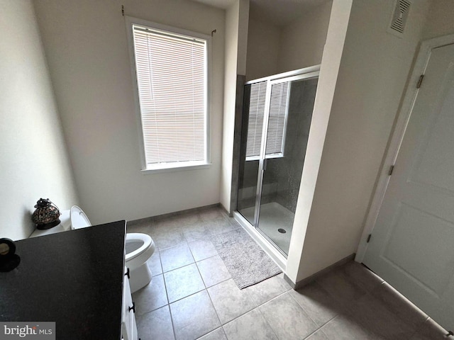 full bath with vanity, tile patterned floors, visible vents, and a stall shower