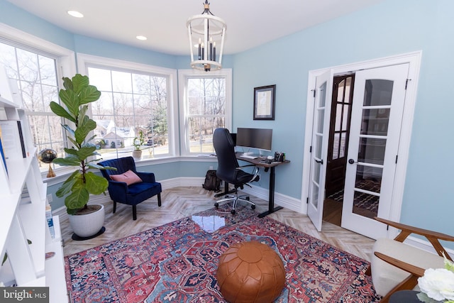 home office with recessed lighting, french doors, and baseboards