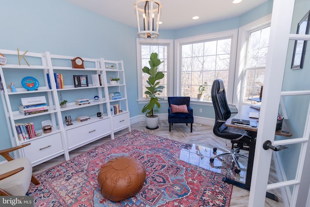office area with recessed lighting and baseboards