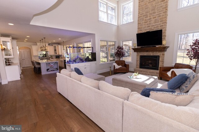 living area with dark wood finished floors, plenty of natural light, and a large fireplace
