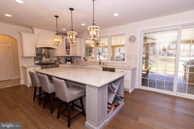 kitchen with a kitchen island, custom exhaust hood, dark wood-style flooring, and white cabinetry