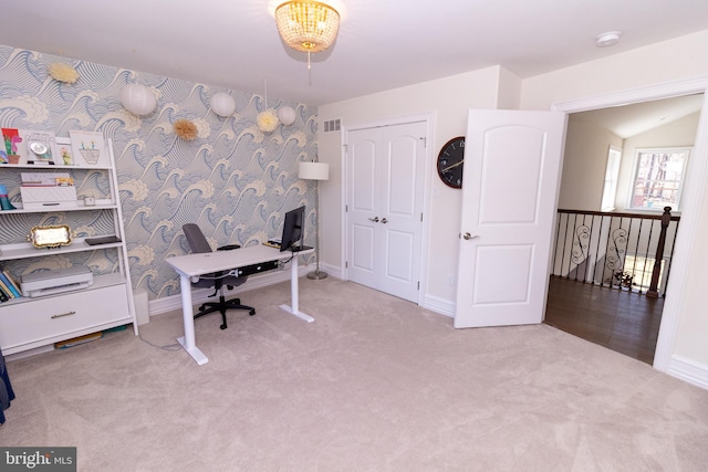 home office featuring wallpapered walls, visible vents, baseboards, and carpet floors