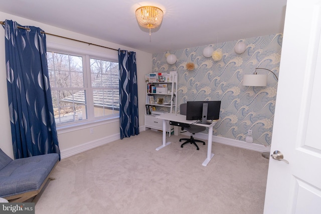 home office with baseboards, carpet floors, and wallpapered walls