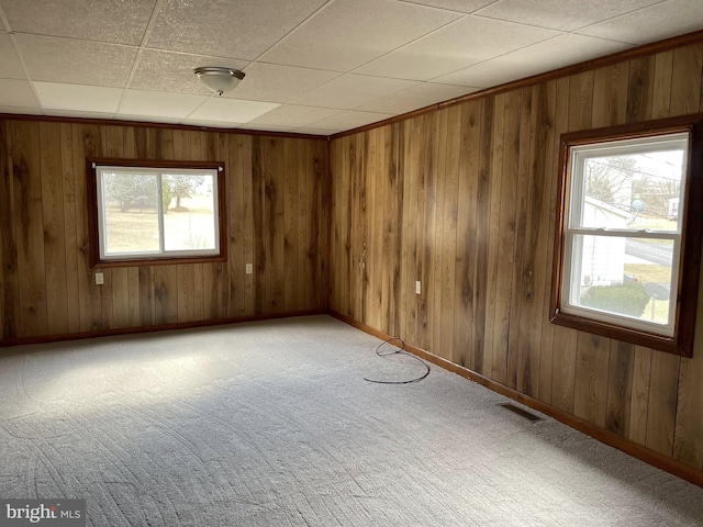 carpeted empty room featuring baseboards, wooden walls, visible vents, and a wealth of natural light