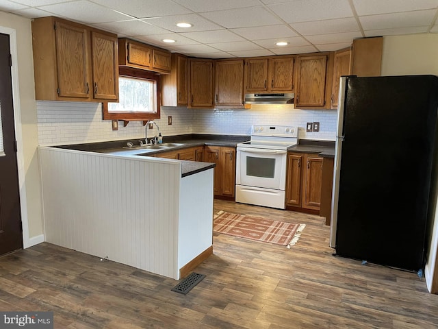 kitchen featuring electric range, visible vents, freestanding refrigerator, under cabinet range hood, and a sink