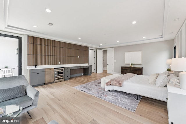6935 Southridge Dr, Mclean, VA 22101 - bedroom featuring wine cooler, light wood finished floors, a dry bar, and recessed lighting
