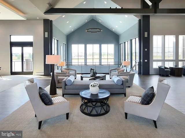 living room featuring recessed lighting, high vaulted ceiling, beam ceiling, visible vents, and wood finished floors