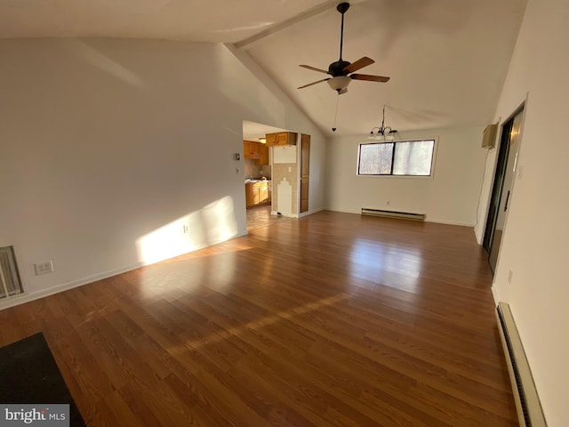 unfurnished living room featuring a baseboard radiator, ceiling fan with notable chandelier, wood finished floors, baseboard heating, and beam ceiling