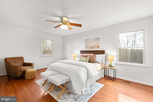 bedroom with light wood finished floors, multiple windows, and visible vents