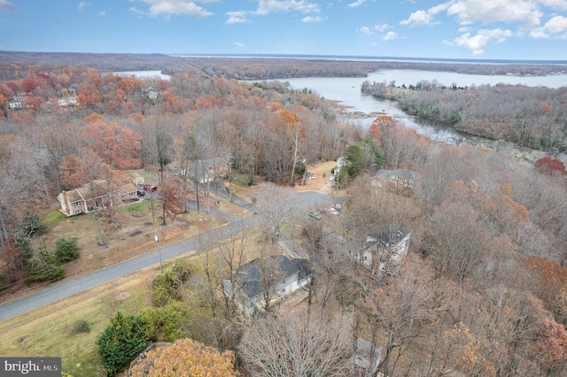 drone / aerial view featuring a water view and a wooded view