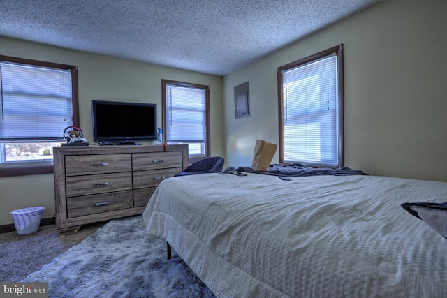 bedroom featuring a textured ceiling and carpet flooring