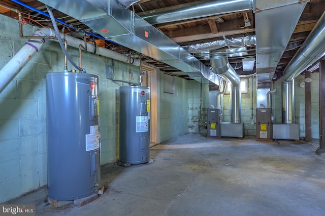 unfinished basement with electric water heater and heating unit