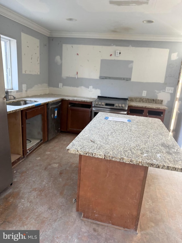 4818 Deanwood Dr, Capitol Heights, MD 20743 - kitchen with light stone countertops, a sink, stainless steel range with electric stovetop, dishwasher, and crown molding
