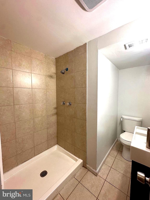 bathroom featuring toilet, a shower stall, visible vents, and tile patterned flooring