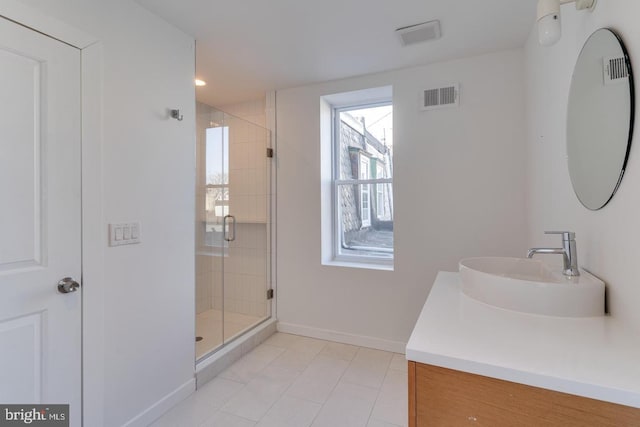 full bathroom featuring a stall shower, visible vents, vanity, and baseboards