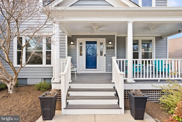 doorway to property with a porch, crawl space, and a ceiling fan