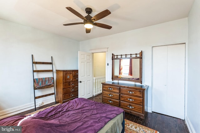 bedroom featuring a closet, ceiling fan, and wood finished floors