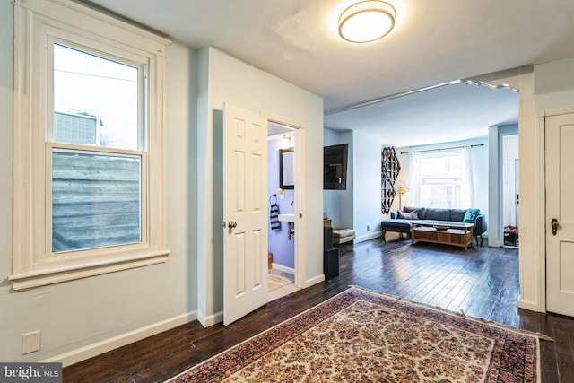 entryway with baseboards and hardwood / wood-style floors