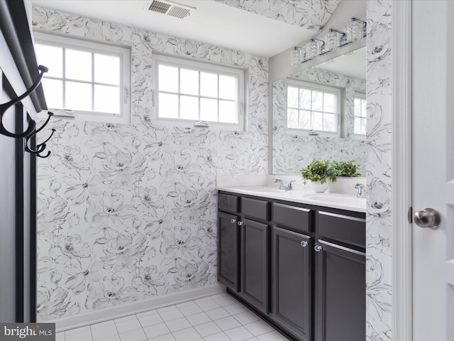 bathroom with double vanity, a sink, visible vents, and wallpapered walls